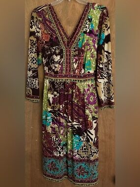 ECI New York Women Dress L Multicolor Boho Paisley Floral V-Neck 3/4 Sleeve Tie